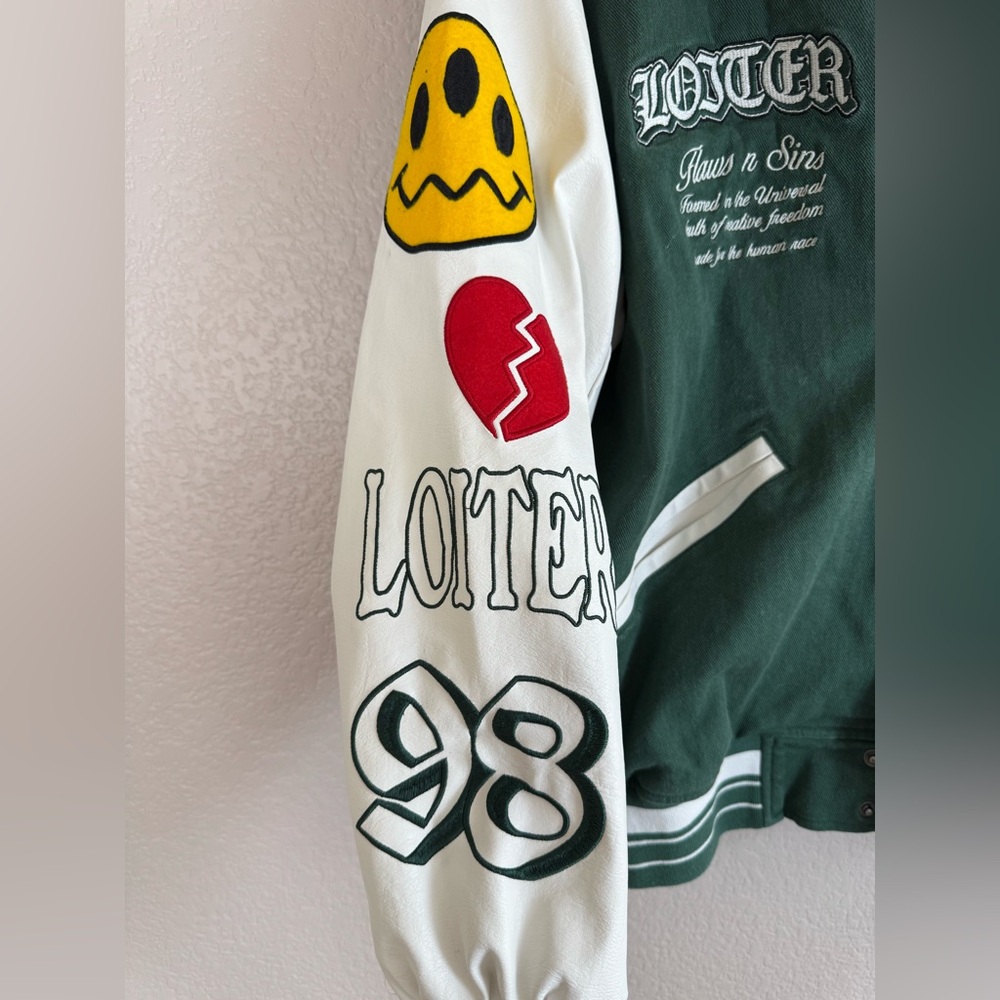 LOITER Flaws And Sins Varsity Logo Jacket size Medium Green Off White $229 - Picture 10 of 16